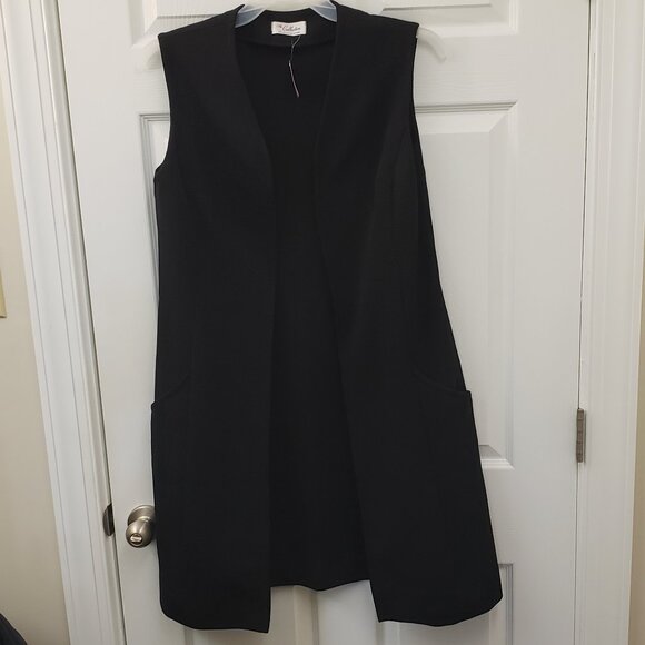 The Collection Sweaters - The Collection, black open front, textured, long sleeveless vest cardigan, LG